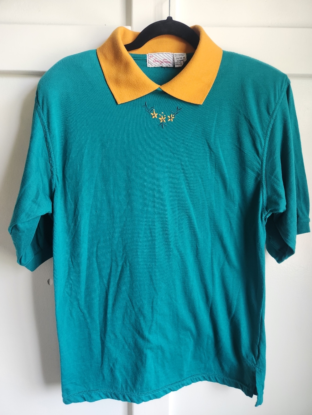 Vintage Teal & Mustard Polo Top | Embroidered Collar Shirt | Retro Preppy Knit